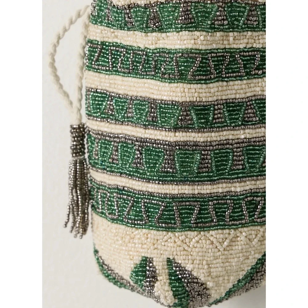 FREE PEOPLE Beaded Tassel Pouch NWT Green Ivory Drawstring Beaded Bag - Picture 2 of 13